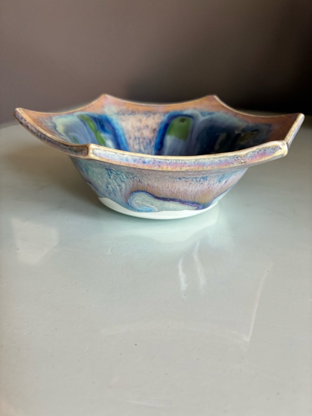 Phil Mayhew Vintage Signed MCM Hexagonal Drip Glaze Ceramic Pottery Dish Bowl - Picture 2 of 6